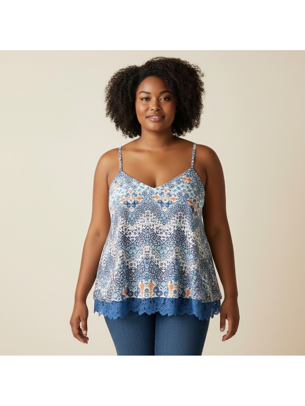 NoBo Top Women 2XL Blue Geometric V-Neck Sleeveless Spaghetti Strap Casual